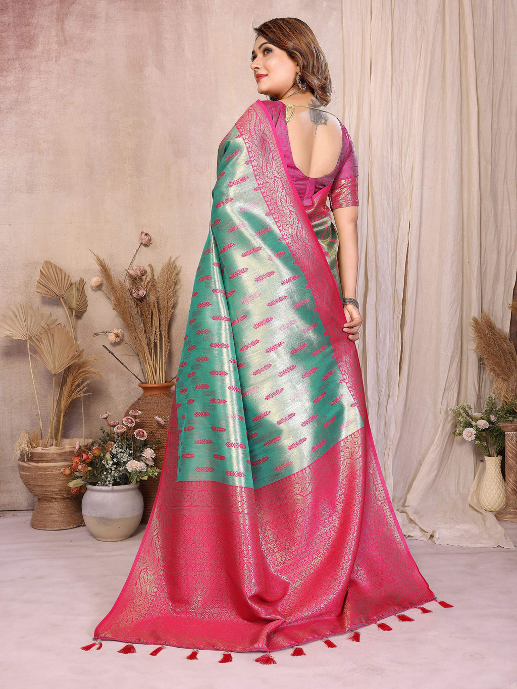 Aastha Fashion Sea Green Tissue Silk Paithani Woven Saree | Grocsy
