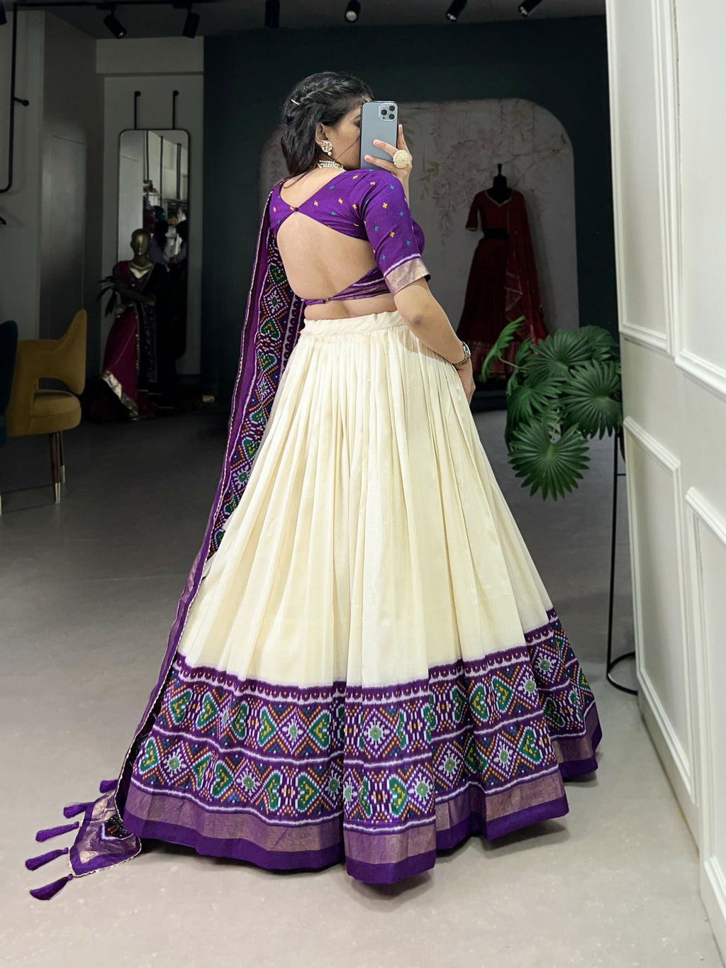 Lorenvalley Offwhite and Purple Tussar Silk Patola Print Lehenga Choli | Grocsy