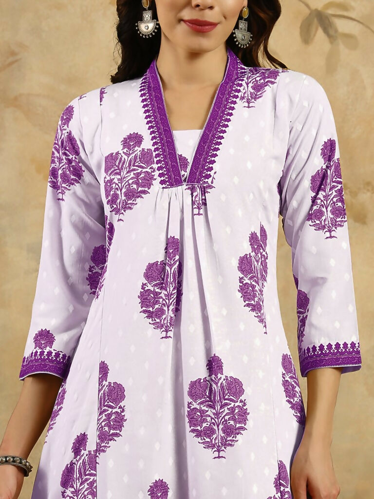 Purple Cotton Blend Printed Anarkali Suit with Dupatta - Rashmika | Grocsy