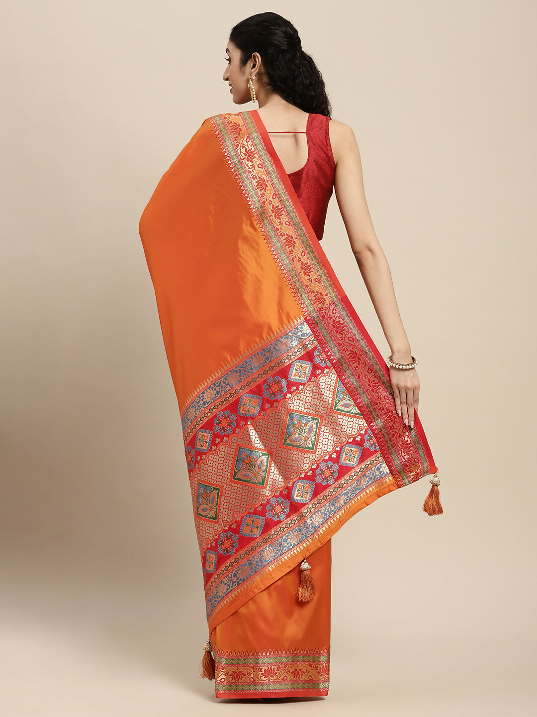 Shree Shyam Fashion Silk Blend Ornage Saree | Grocsy