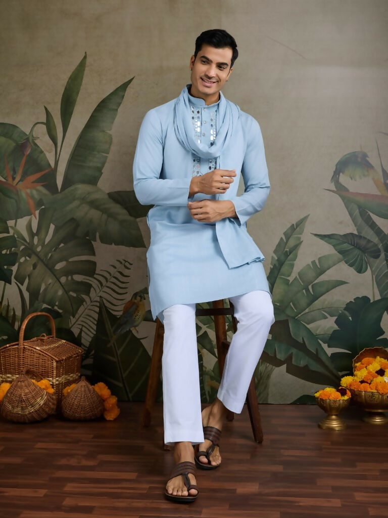 Vastranavya Sky Blue Exclusive Viscose Silk Festival Wear Real Mirror Work Kurta with Dupatta | Grocsy
