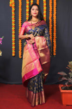 Jyoti Fashion Women's Navy Blue Kanjivaram Silk Zari Woven Saree with Blouse | Grocsy
