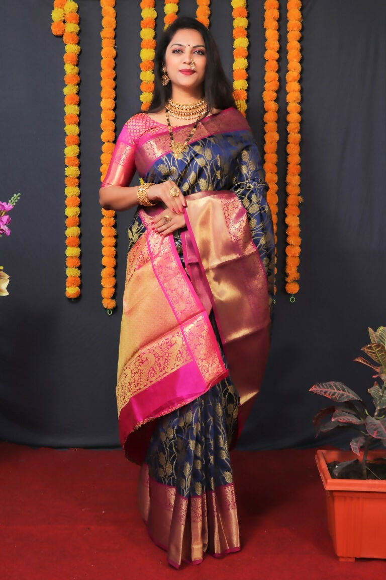 Jyoti Fashion Women's Navy Blue Kanjivaram Silk Zari Woven Saree with Blouse | Grocsy
