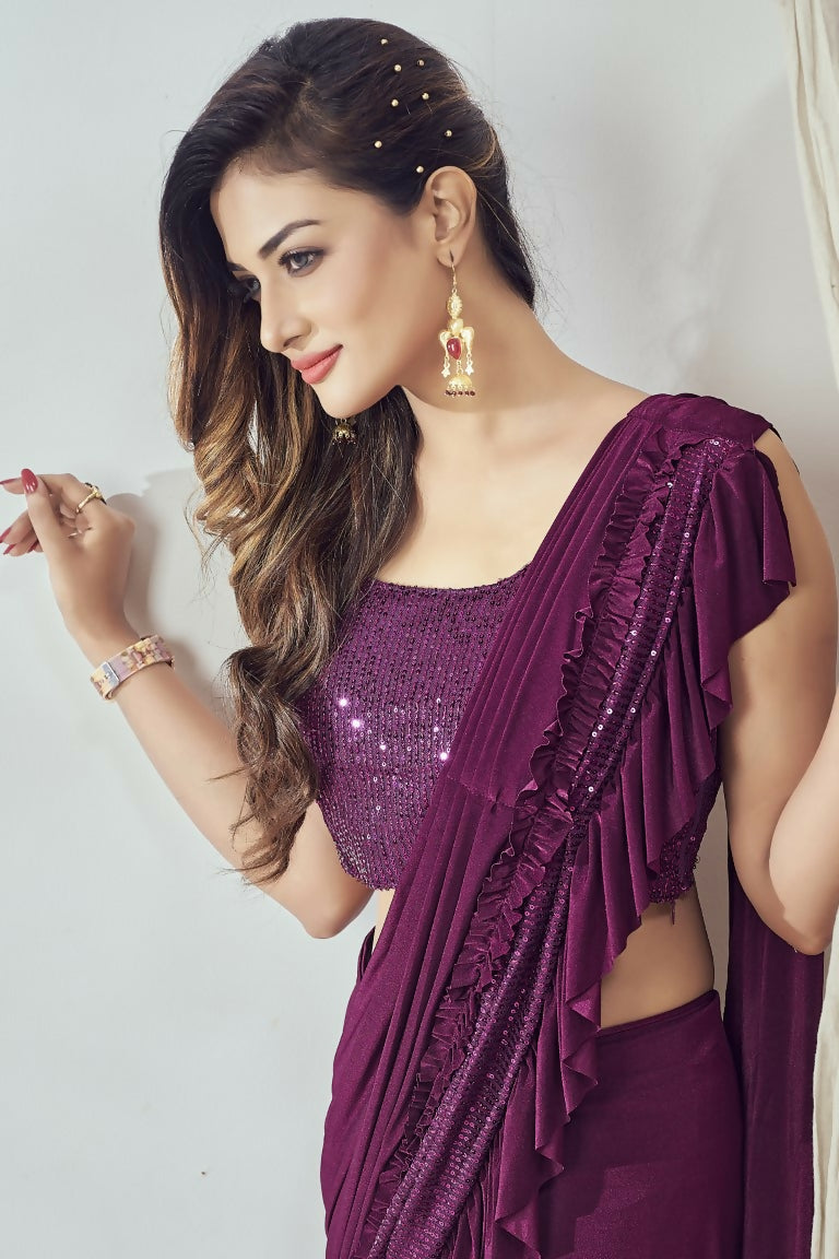 Mahotsav Women's Magenta Lycra Embellished Ready To Wear Saree With Stitched Blouse | Grocsy