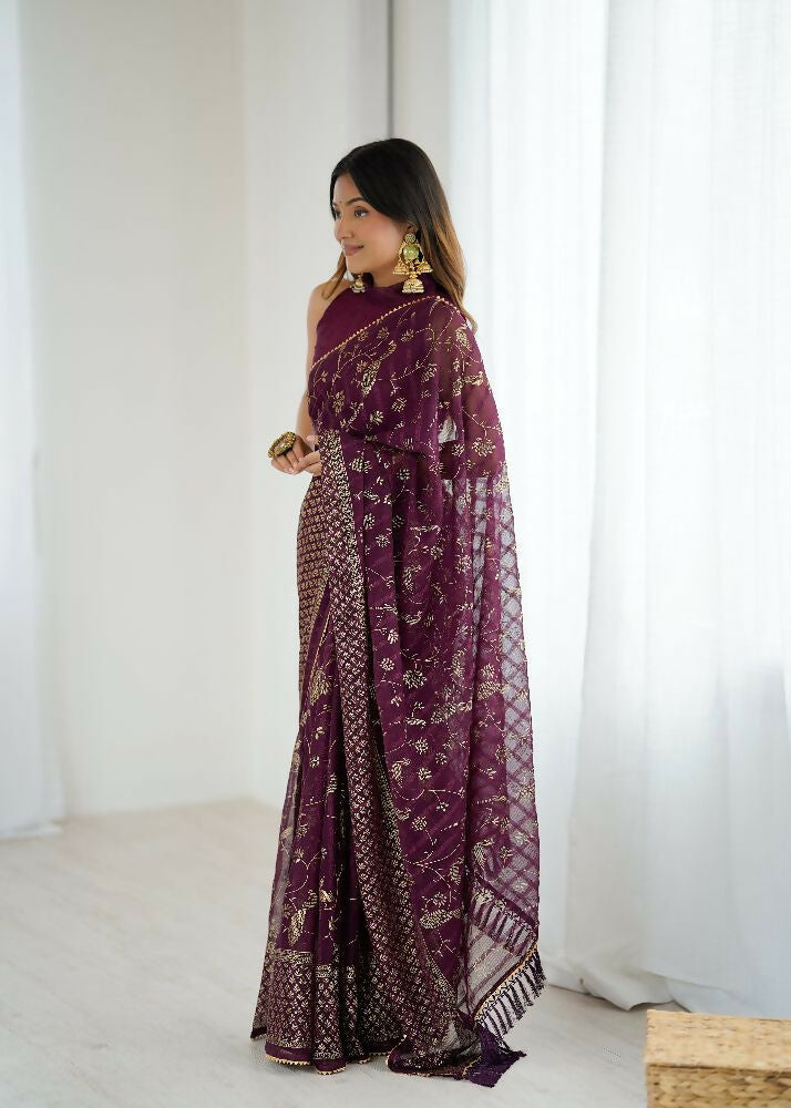 PR Fashion Wine Georgette Patta Plain With Foil Work And Small Lace And Zalar Lace Saree | Grocsy