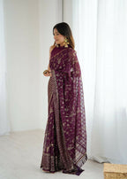 PR Fashion Wine Georgette Patta Plain With Foil Work And Small Lace And Zalar Lace Saree | Grocsy