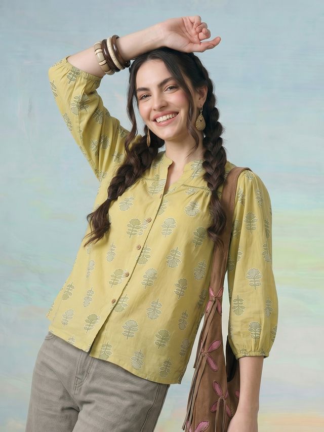 Janasya Lime Green Shirt Cotton Top | Grocsy