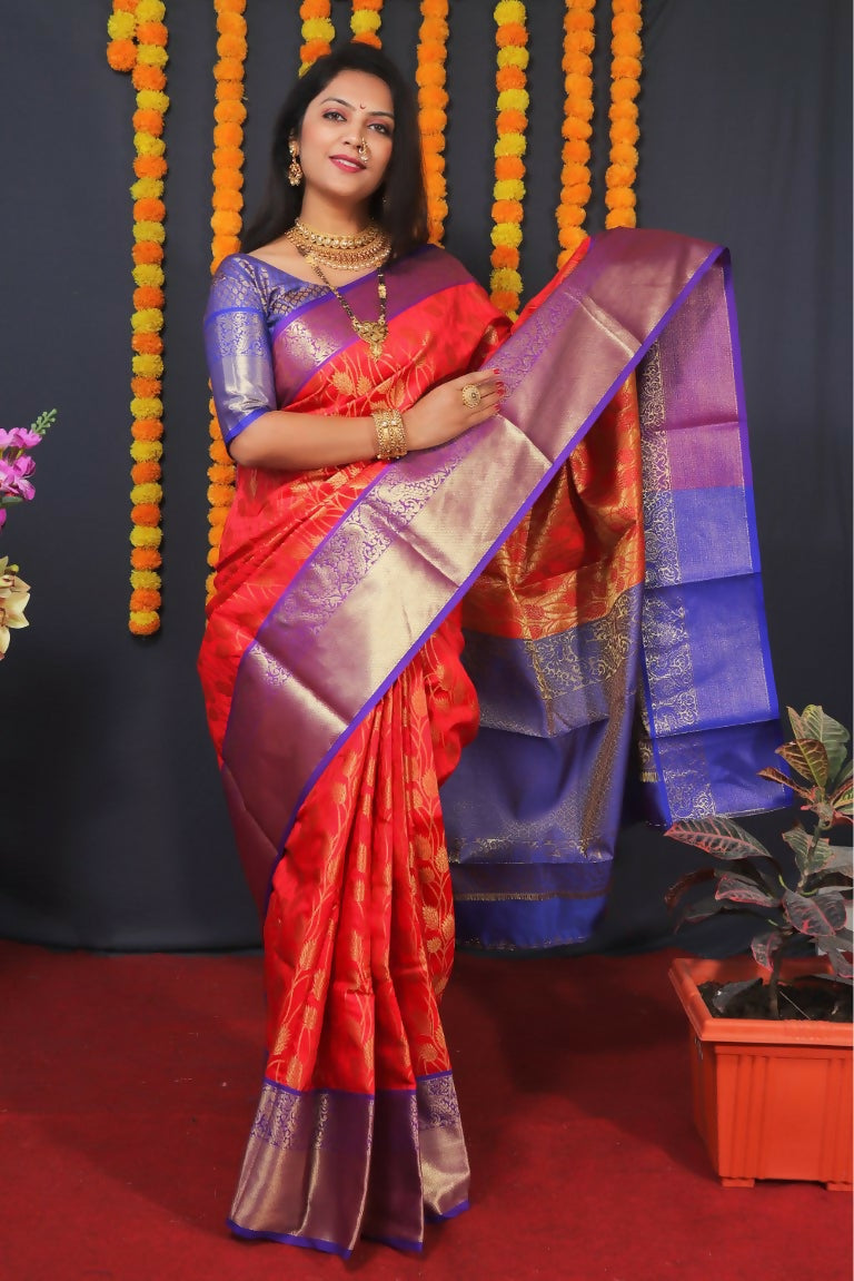 Jyoti Fashion Women's Red Kanjivaram Silk Zari Woven Saree with Blouse | Grocsy