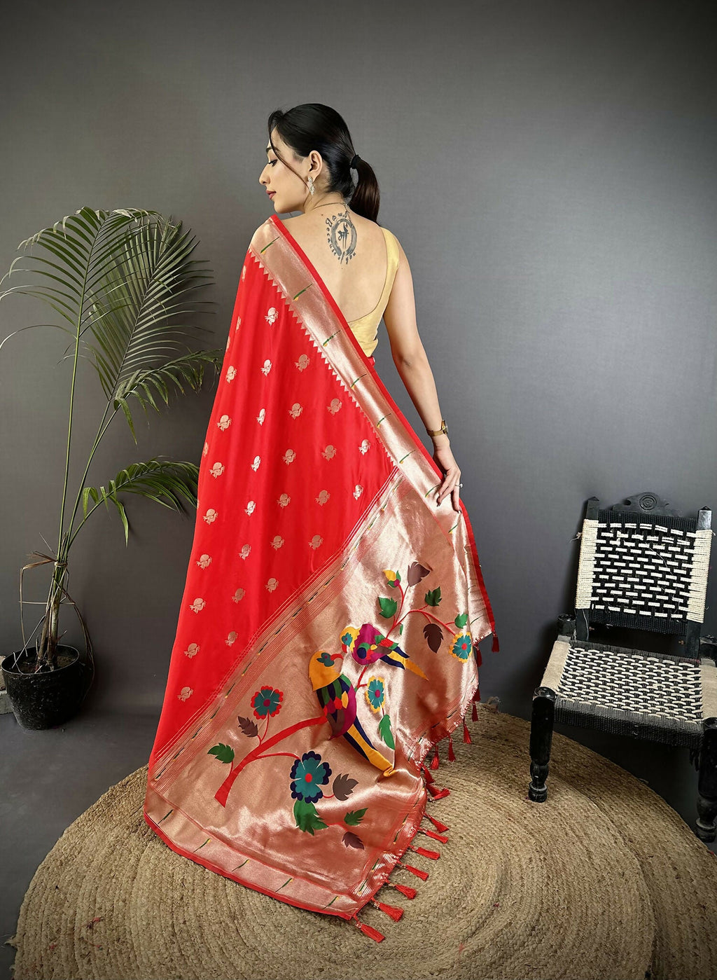 Joban Fashion Red Peacock & Floral Motifs Soft Silk Kanchipuram Saree | Grocsy