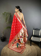 Joban Fashion Red Peacock & Floral Motifs Soft Silk Kanchipuram Saree | Grocsy