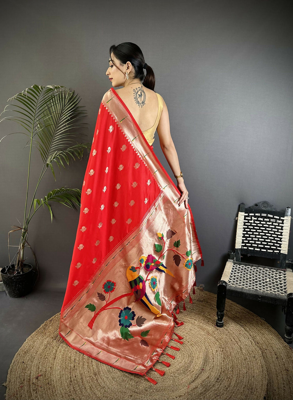 Joban Fashion Red Peacock & Floral Motifs Soft Silk Kanchipuram Saree | Grocsy