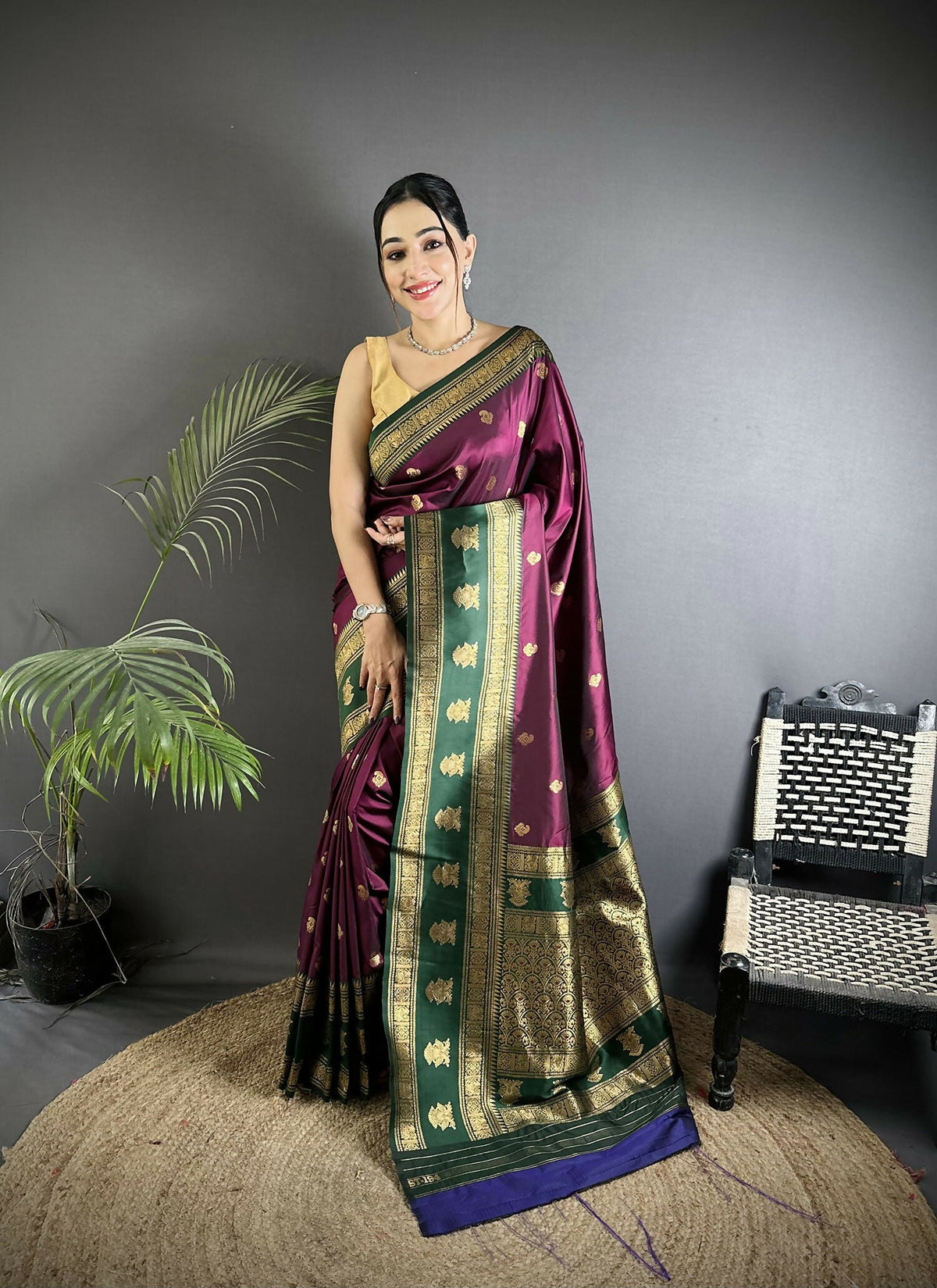 Joban Fashion Wine Banarasi Soft Silk Woven Butti Saree | Grocsy