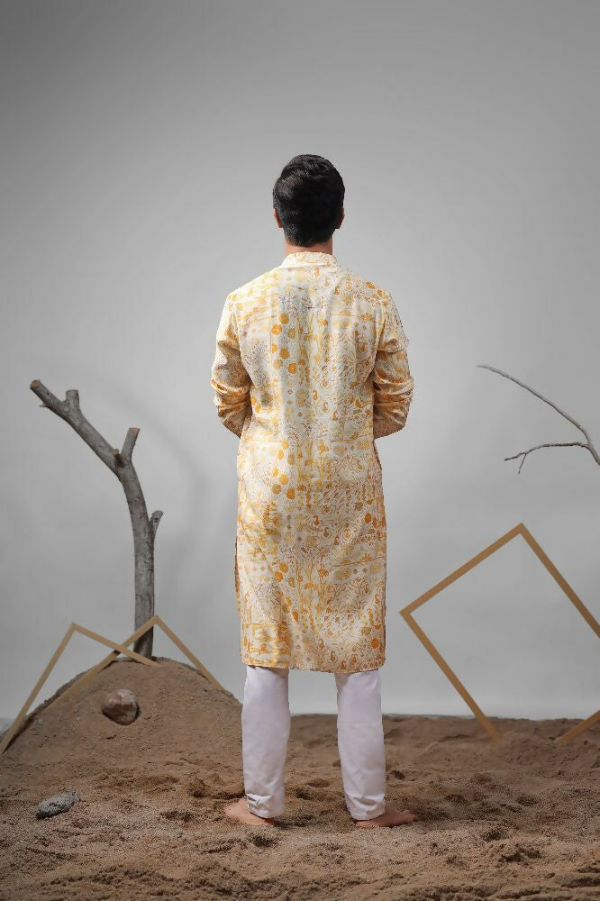 Yellow Modal Silk Designer Printed Kurta Set - Mahotsav | Grocsy