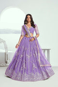 Eilara Lavender Purple Net Embroidered Flared Style Lehenga | Grocsy