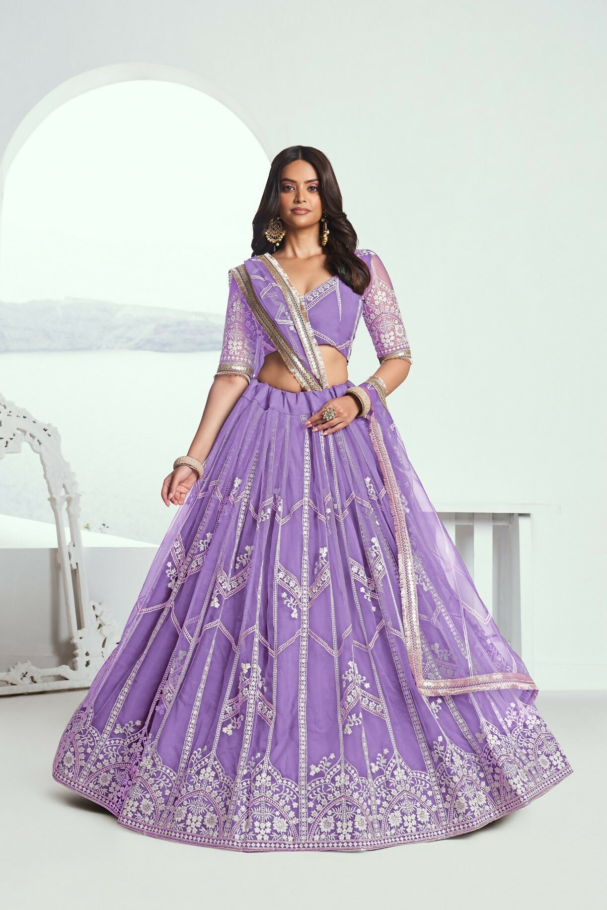 Eilara Lavender Purple Net Embroidered Flared Style Lehenga | Grocsy