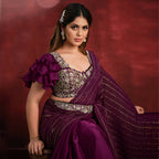 Magenta Crepe Satin Silk Sequence Thread & Stone Work/ Texture Pallu Saree - Mohmanthan Kimiya | Grocsy