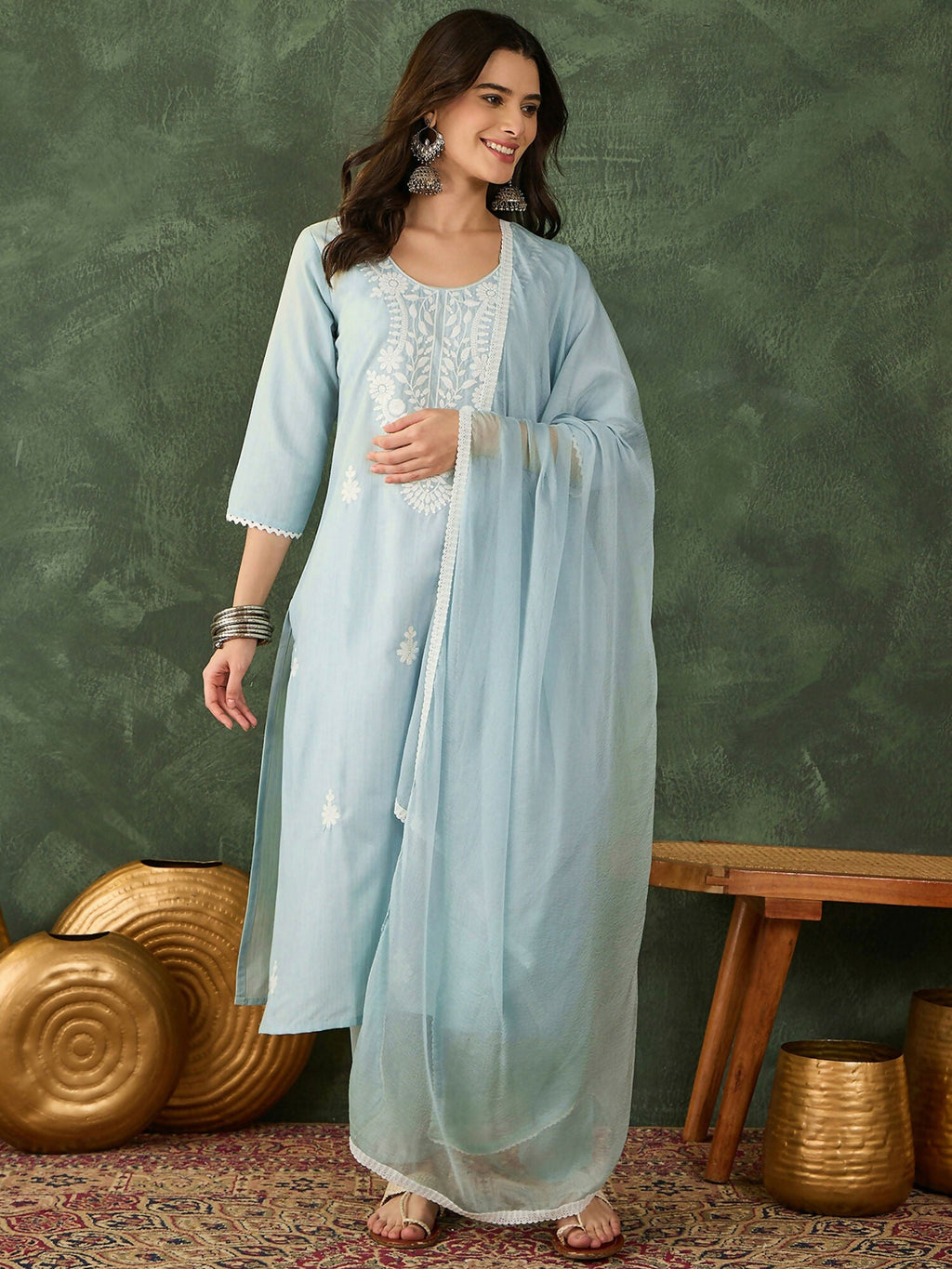 The52 Women's Beautiful Thread Work Cotton Blend Fabric Straight Kurta Pant and Dupatta Set-Sky | Grocsy