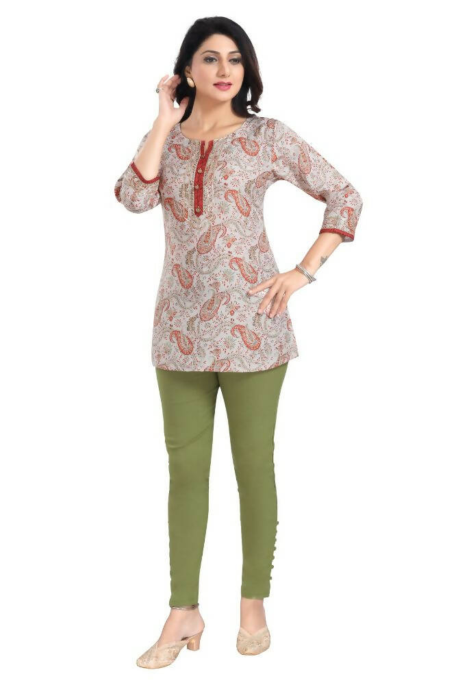Snehal Creations Charming Cream Rayon Short Kurti Tunic Top | Grocsy