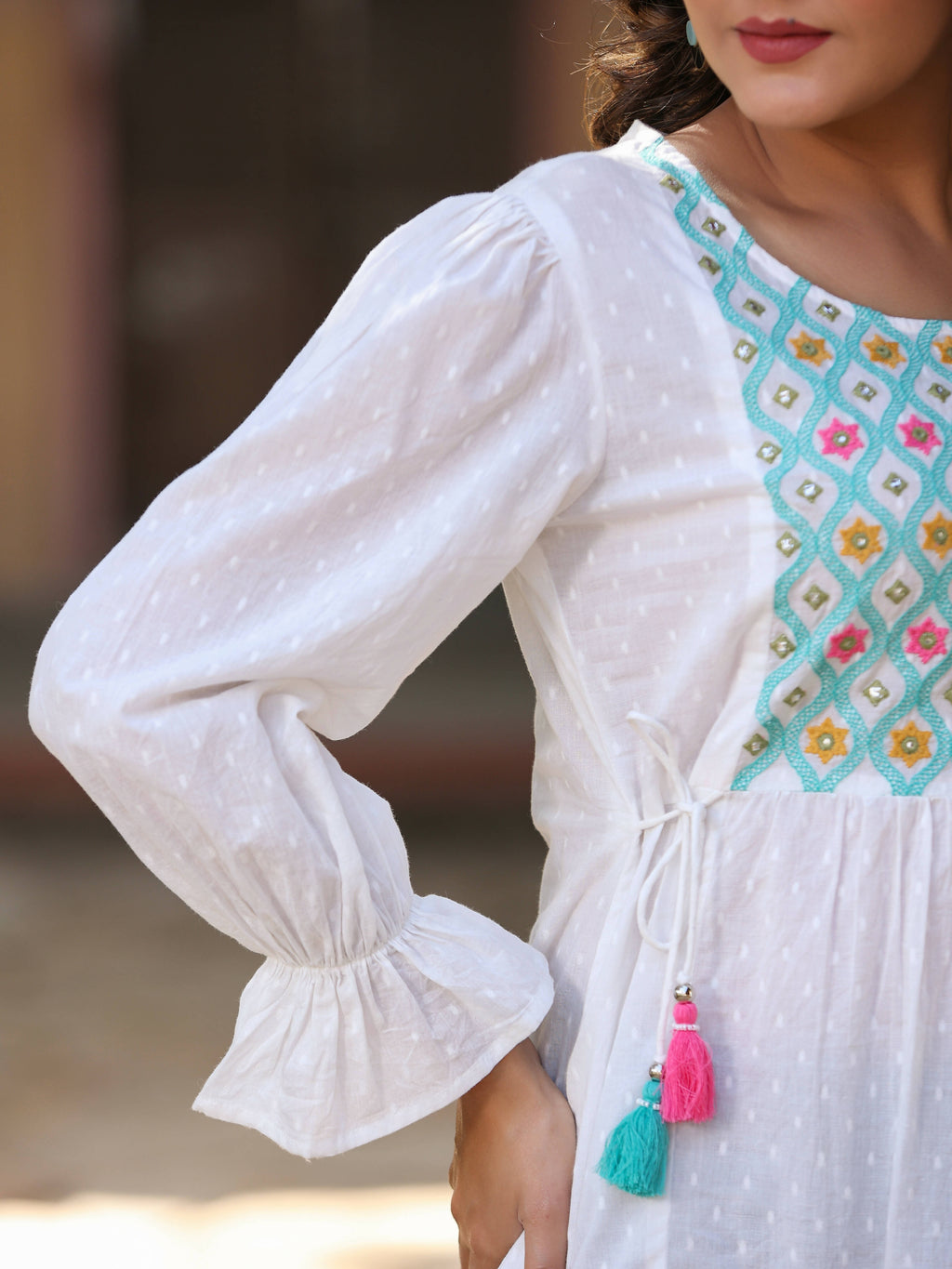 Juniper Women's White Cotton Dobby Solid With Multi Color Embroidered Tunic | Grocsy