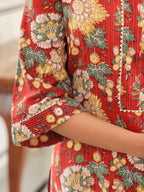 Aramya Straight Kantha Cotton Floral Print Women's Kurta - Red | Grocsy