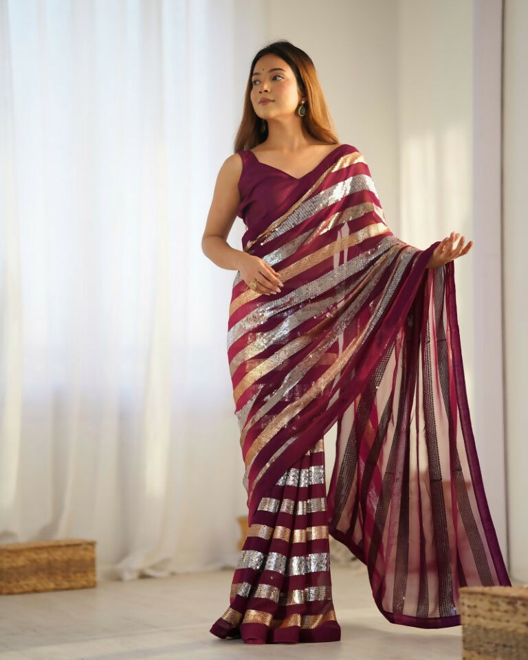 Wine Georgette Sequance Embroidery Work Border Saree - Sitare | Grocsy