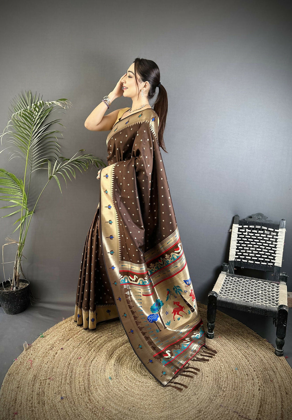 Joban Fashion Brown Peacock & Floral Motifs Soft Lichi Silk Kanchipuram Saree | Grocsy