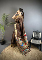 Joban Fashion Brown Peacock & Floral Motifs Soft Lichi Silk Kanchipuram Saree | Grocsy