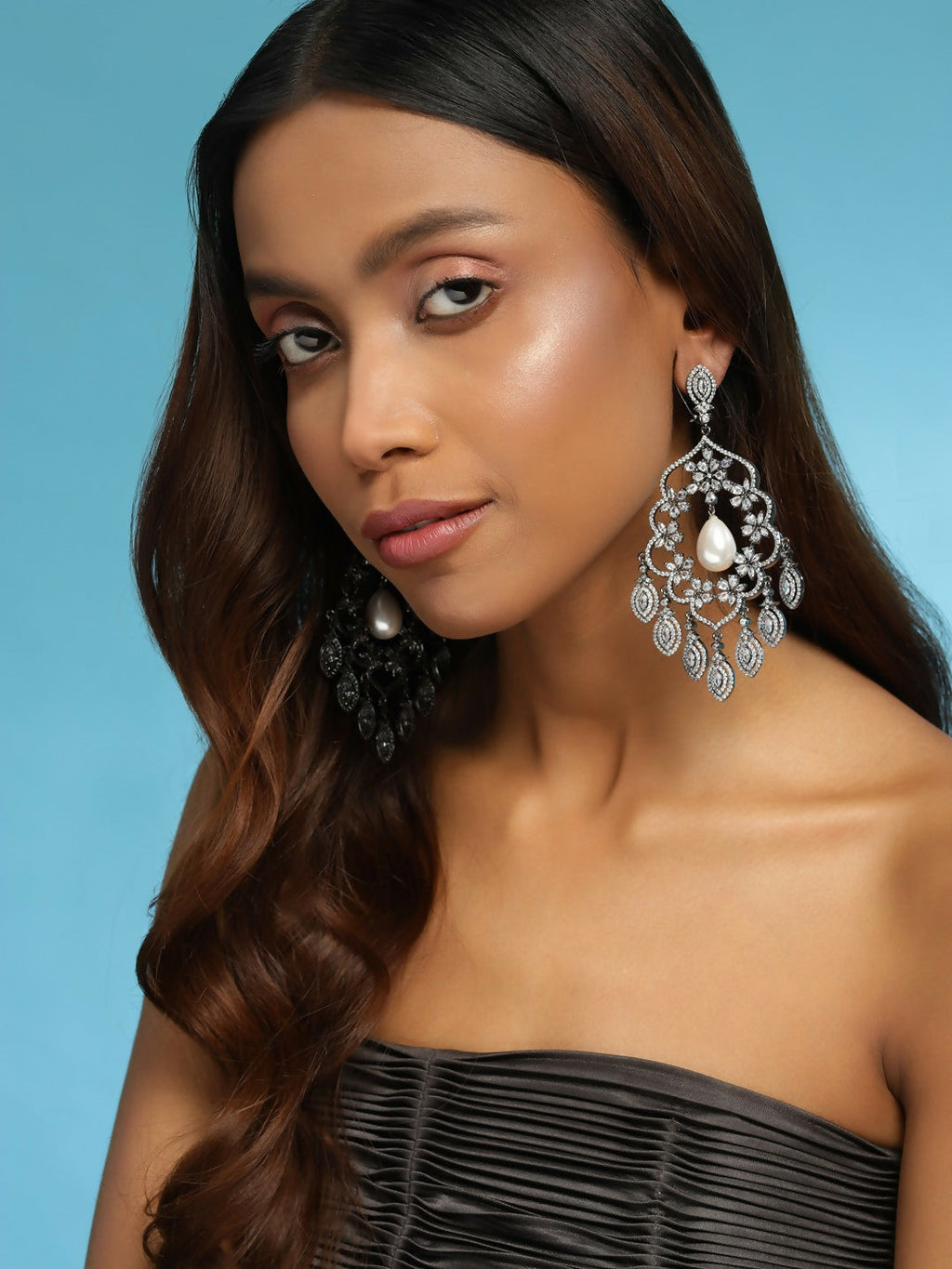 Long Chand with Pearl Drop Earrings - Ruby Raang | Grocsy