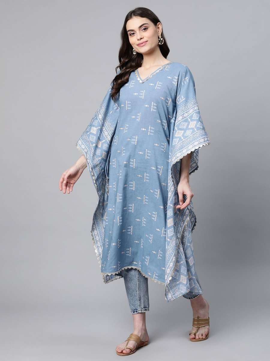 Ahalyaa Beige Pure Cotton Floral Printed Kaftan Kurta | Grocsy