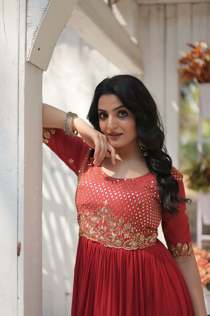 Vastranavya Faux Blooming with Embroidery Zari Sequins-work Gown - Orange | Grocsy