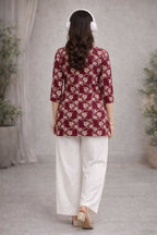 Teeya Creation Womens New Trendy Red Flower Floral Printed Short Kurti with Beige Palazzo Set | Grocsy