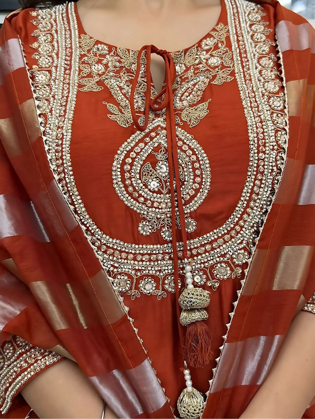 The52 Orange Women's Gorgeous Embroidered work Chanderi Fabric Straight Kurta, Pant and Dupatta Set | Grocsy