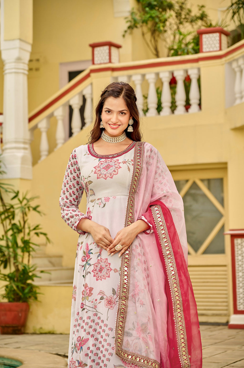 Joban Fashion Pink & White Georgette Embroidery Sequence Work Readymade Kurta Set | Grocsy