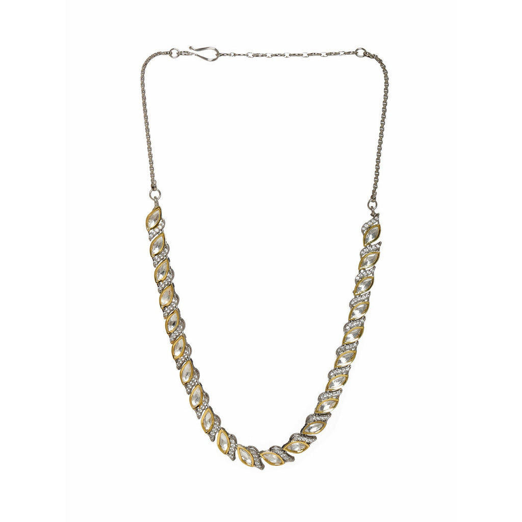 Leaf Shaped Neckpiece in Dual Tone Kundan and American Diamonds (Silver) - Ruby Raang | Grocsy