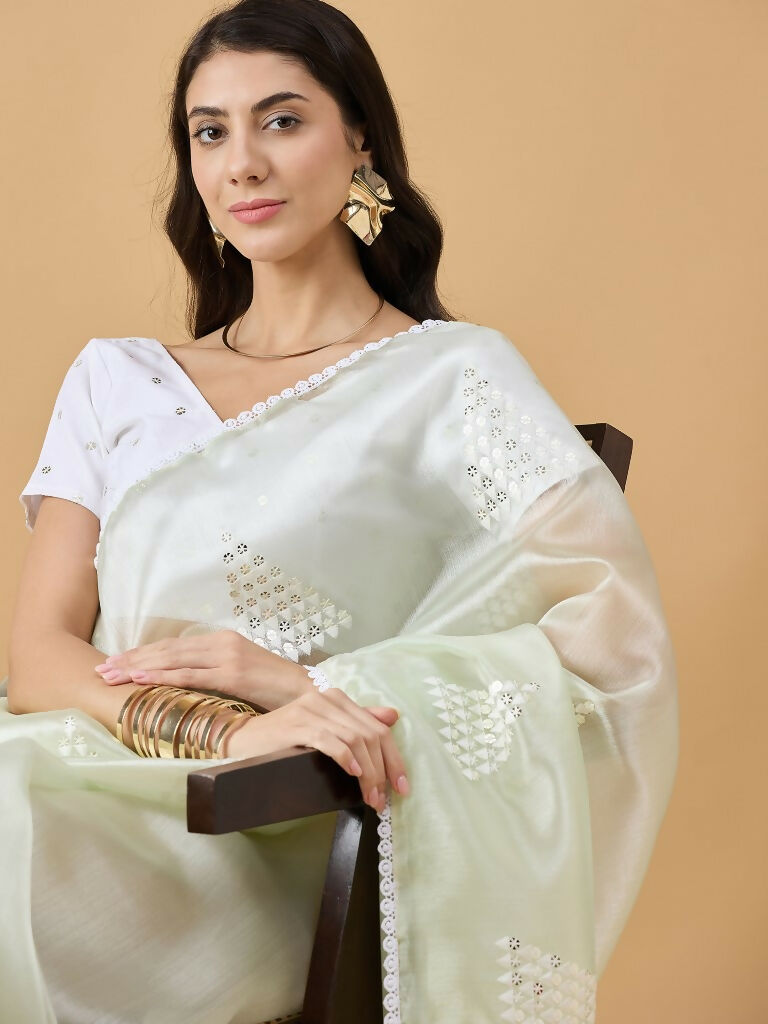 Green Tissue Slub Embroidered Saree with Unstitched Blouse - Vairagi | Grocsy