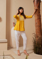 Juniper Mustard Striped Cotton Tunic With Thread Work And Button Detailing | Grocsy