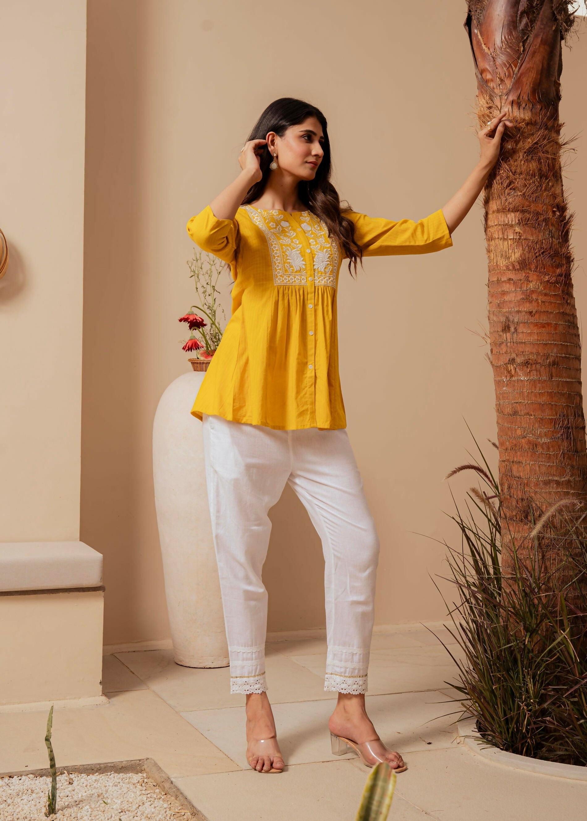 Juniper Mustard Striped Cotton Tunic With Thread Work And Button Detailing | Grocsy