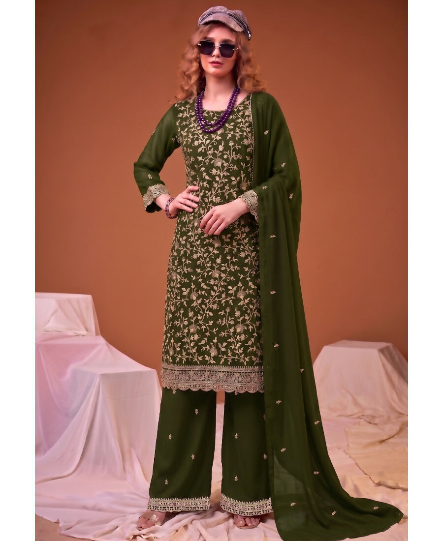 KC Mahendi Green Straight Suit For Women Georgette Fabric | Grocsy