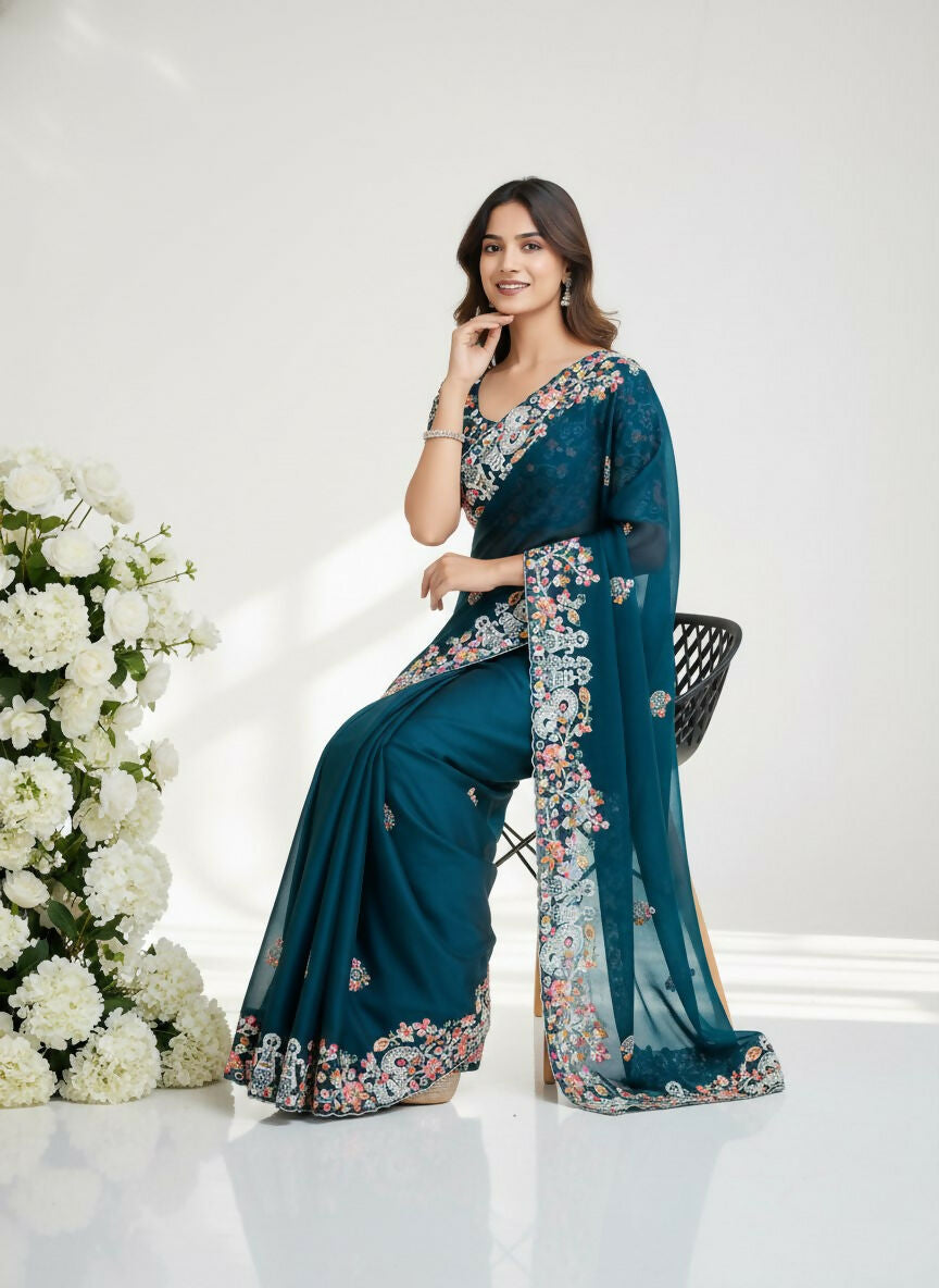Teeya Creation Womens New Fancy Embroidery Work Saree-Teal | Grocsy