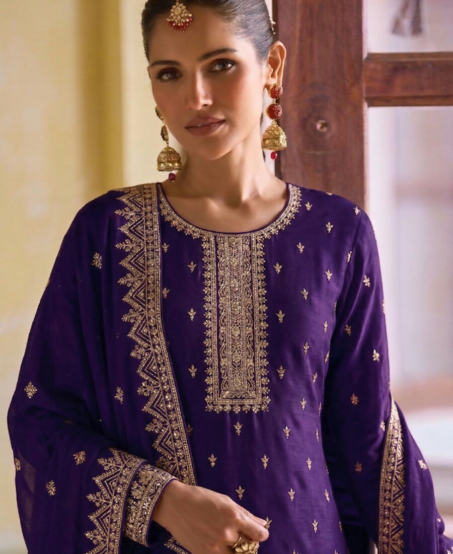KC Purple Georgette Straight Suit With Heavy Embroidery | Grocsy