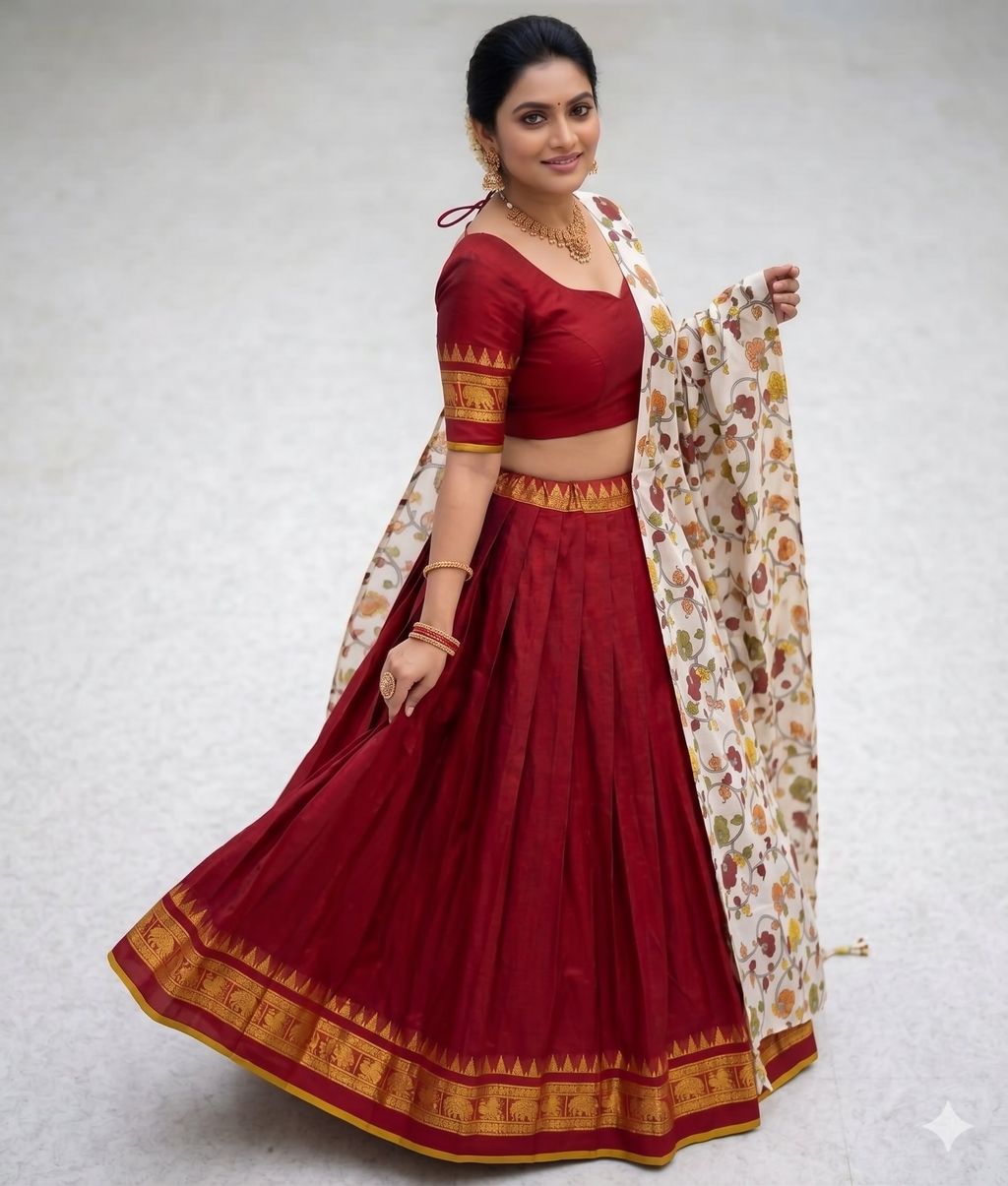 Teeya Creation Womens New Trendy Red Traditional Pleated Lehenga Choli Set with Floral Printed Dupatta and Contrast Zari Border Set | Grocsy