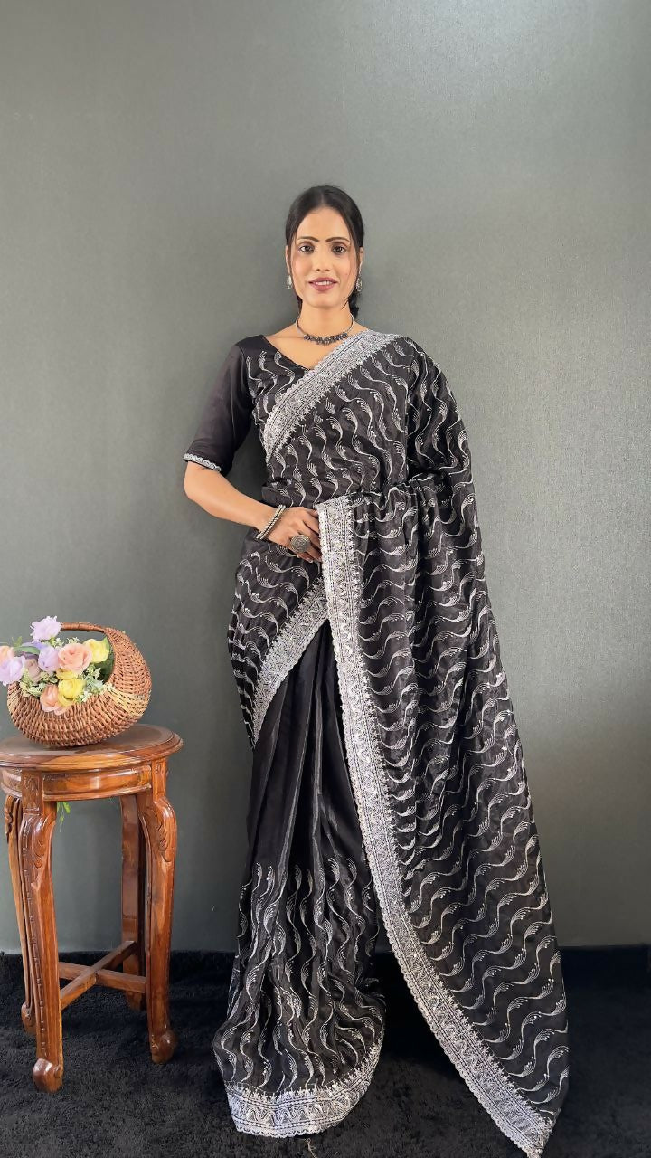 Vastranavya Black Chinnon Silk Embroidery Multi Sequence & Arco Cut Work Ready to Wear Saree | Grocsy