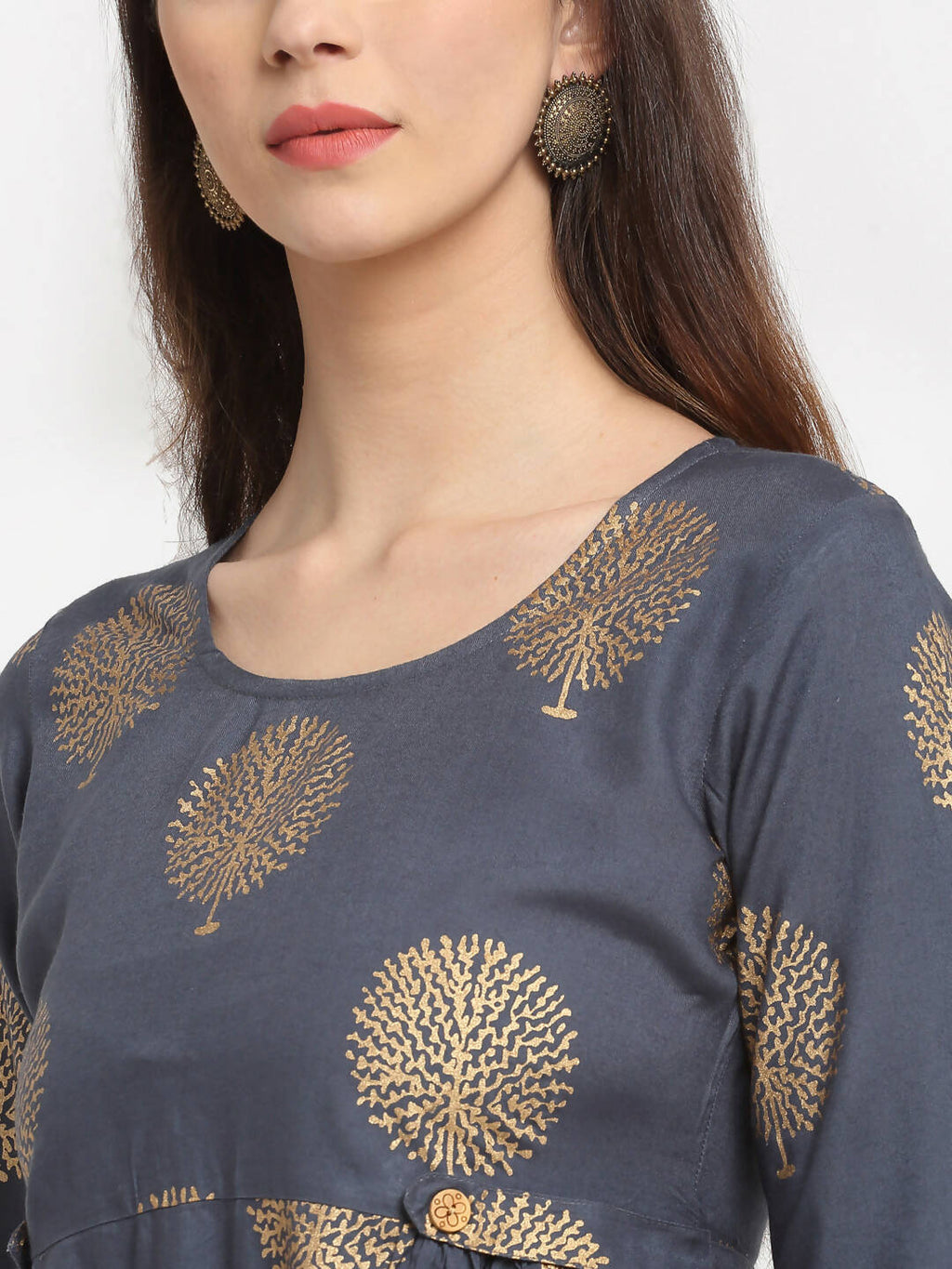 Rudra Bazaar Gold Boota Printed Grey Kurti | Grocsy