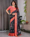 PR Fashion Black Pure Handloom Linen Saree | Grocsy