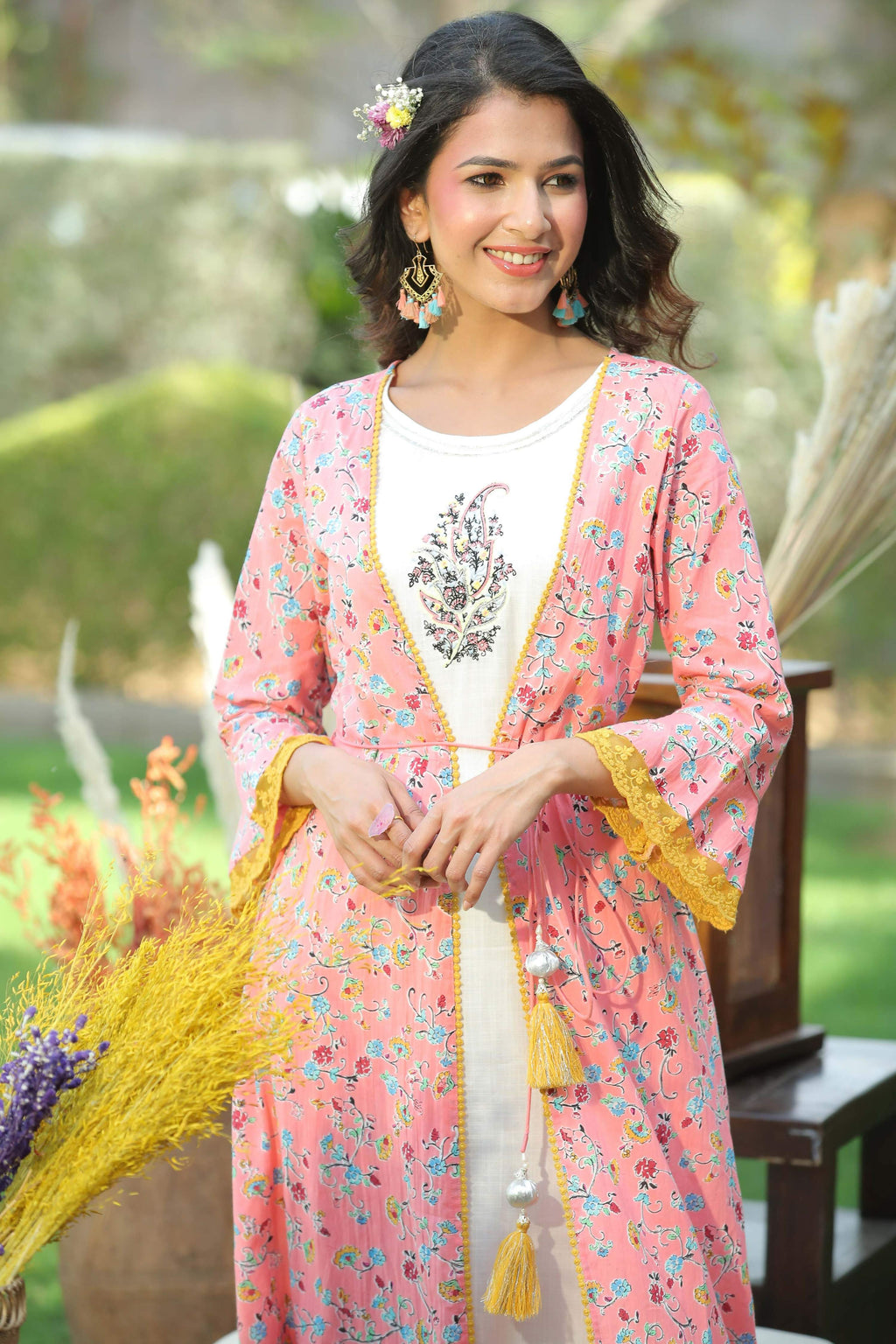 Juniper Coral Floral Printed Cotton Lacy Jacket Style Kurta With Thread Work & Dori At Waist | Grocsy