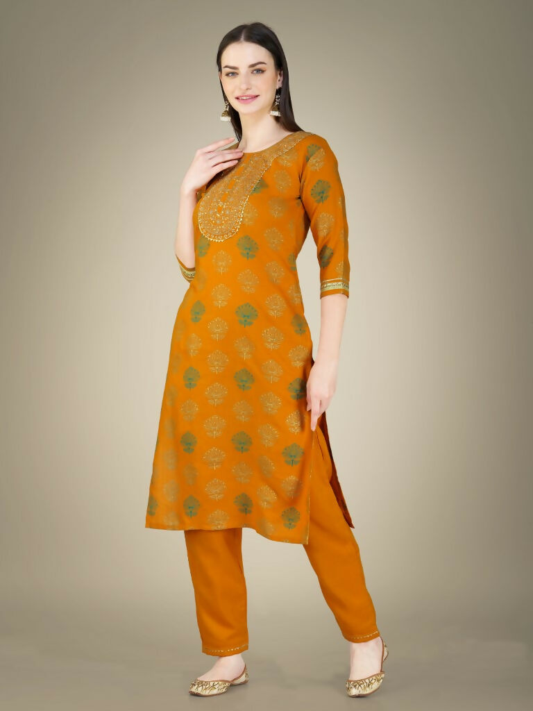 Jyoti Fashion Women's Yellow Cotton Magic Slub Embroidery & Sequence work Kurta with Trouser & Dupatta | Grocsy