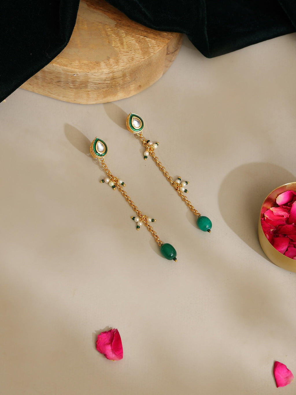 Ruby Raang Green Long Kundan Dangler Earrings | Grocsy