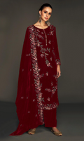 Anaita Maroon Pure Velvet Stitched Suit with Heavy Embroidery Sequence Work | Grocsy