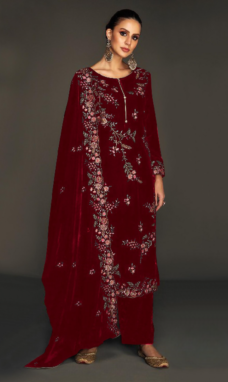 Anaita Maroon Pure Velvet Stitched Suit with Heavy Embroidery Sequence Work | Grocsy