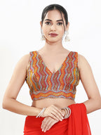 Joban Fashion Red Multi Silk Padded Blouse With V Neck Sleeveless | Grocsy
